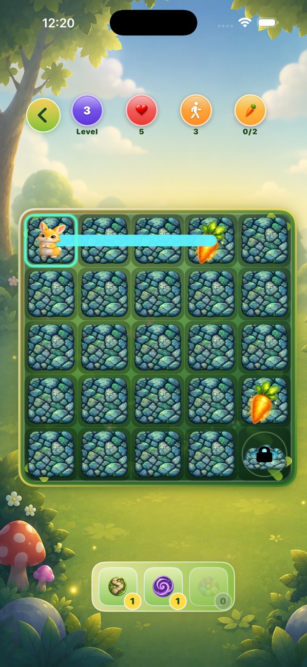 BunnyTrail gameplay: a bunny drawing a trail across a stone grid toward a carrot
