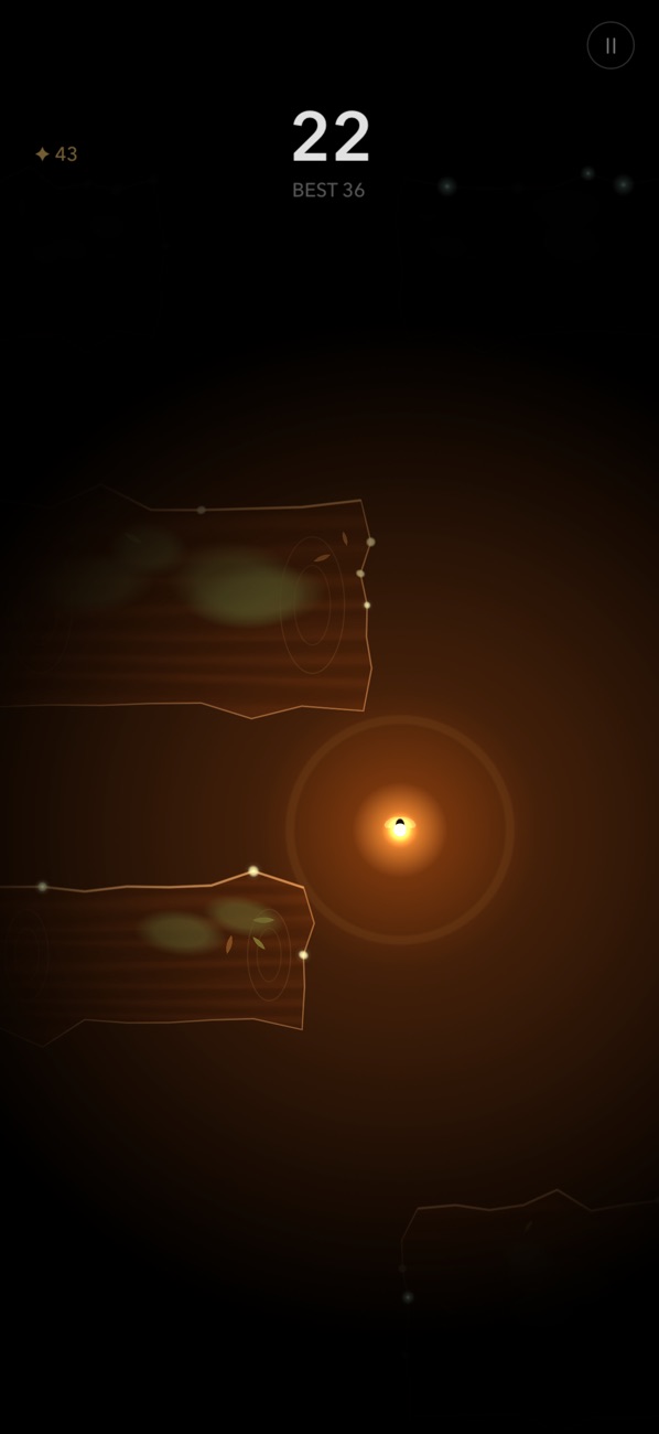 Gloamfly gameplay: a glowing firefly drifting between dark logs